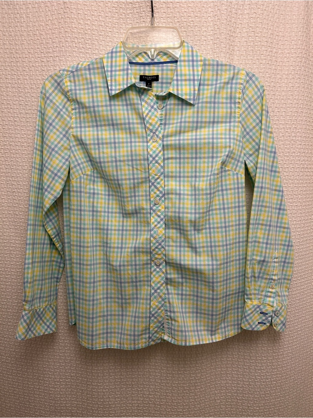 Talbots Pastel Plaid Button-Down Shirt - Yellow, Blue, Green